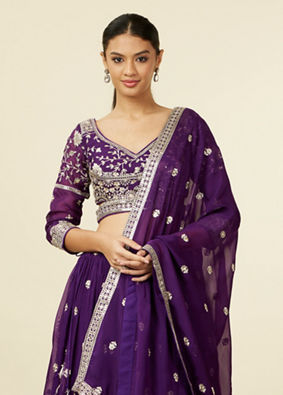alt message - Mohey Women Purple Organza Lehenga with Embroidery image number 1